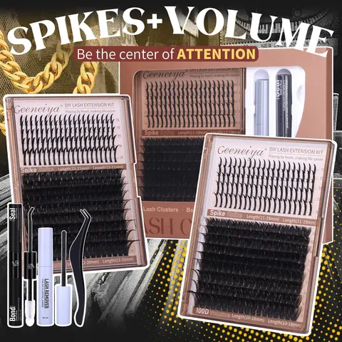 Geeneiya Fluffy Volume Lash Cluster Kit - 100D 0.05mm D Curl Cosmetic Eyelash Glue Extension Set with Seal, Remover, Tweezers for DIY Dramatic Lashes (Black Friday)
