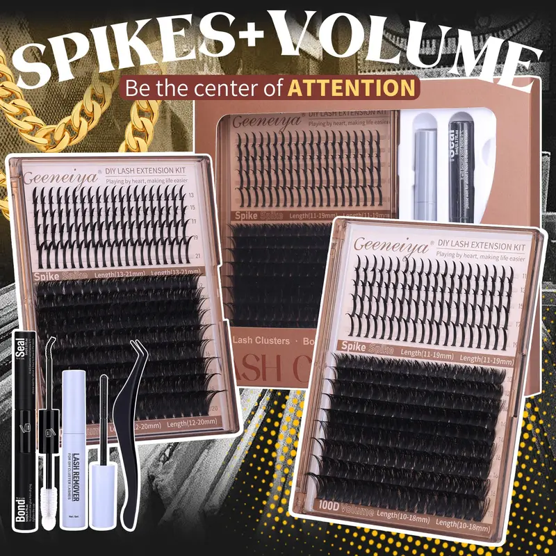 Geeneiya Fluffy Volume Lash Cluster Kit - 100D 0.05mm D Curl Cosmetic Eyelash Glue Extension Set with Seal, Remover, Tweezers for DIY Dramatic Lashes (Black Friday)