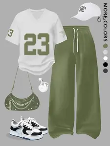 Women's 2026 V-Neck T-Shirt & Wide-Leg Pants Set, Y2K Streetwear Style, Breathable Material, Perfect for Summer, Concerts, Festivals