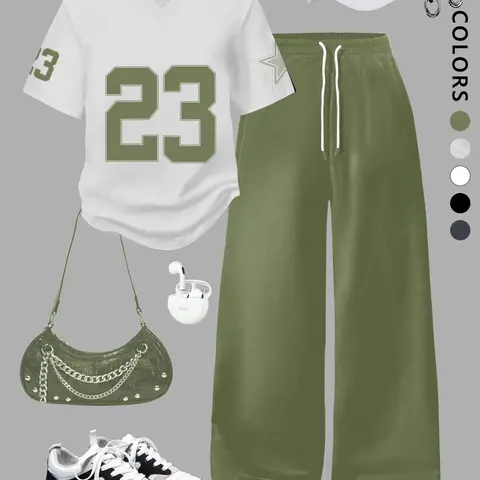 Women's 2026 V-Neck T-Shirt and Wide-Leg Pants Set, Breathable Y2K Fashion Streetwear Style Casual Outfit for Summer Concerts and Festivals, Womenswear Clothes