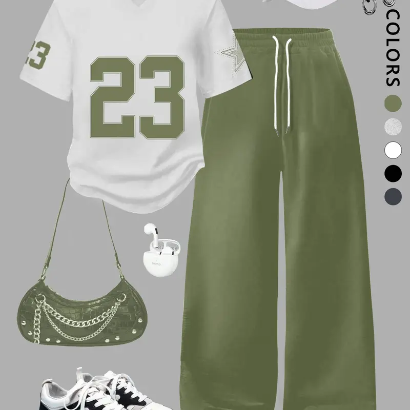 Women's 2026 V-Neck T-Shirt and Wide-Leg Pants Set, Breathable Y2K Fashion Streetwear Style Casual Outfit for Summer Concerts and Festivals, Womenswear Clothes