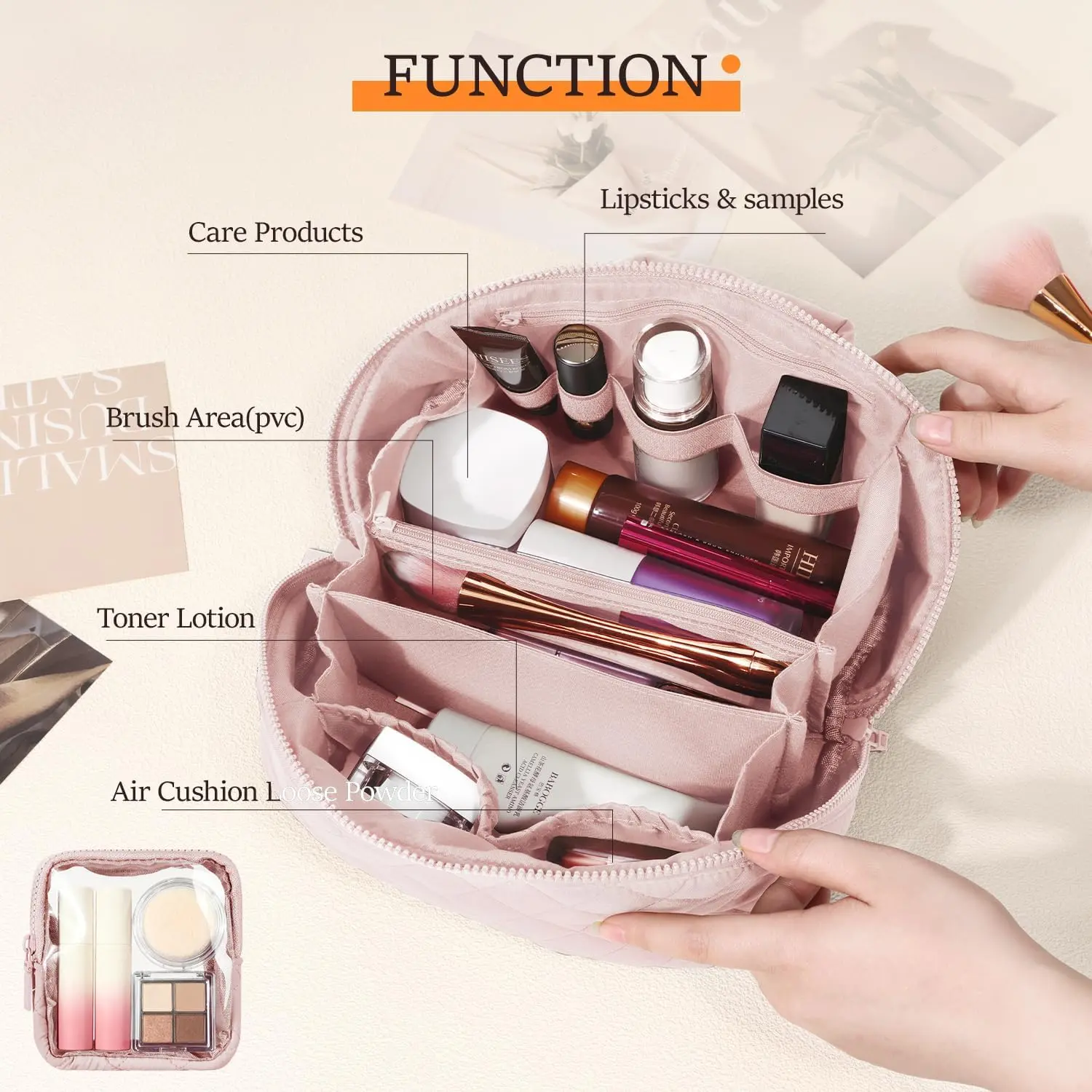 Makeup Bag for Woman, Wide Open Lay-Flat Water-Resistant Cosmetic Case, Festivalment Makeup Bag, Spacious 180° Open Cosmetic Organizer for Toiletries & Brushes Large Capacity with Compartments