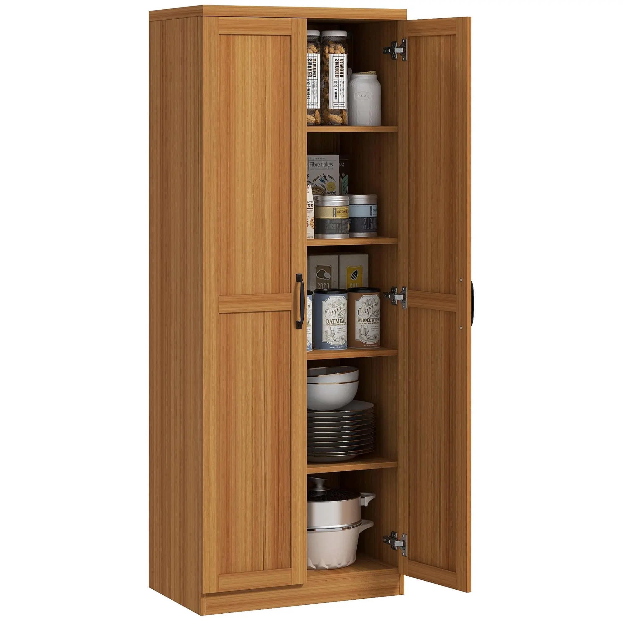 63" 5-Tier Freestanding Cinnamon Teak Wood Grain Spacious Kitchen Cabinet, Pantry with Wall Anti-Tipping Safety Strap, Ideal for Kitchen, Dining Room Use, Spacious Kitchen Cabinets