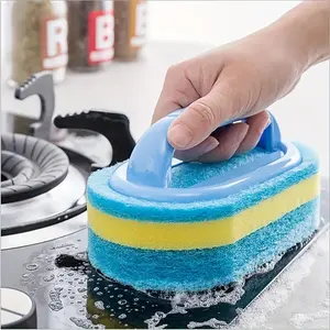 1pc Kitchen Sponge Wipe With Handle Cleaning Brush Bathroom Tile Glass Cleaning Sponge Thickening Stain Removal Clean Brush Scrubber Sponge