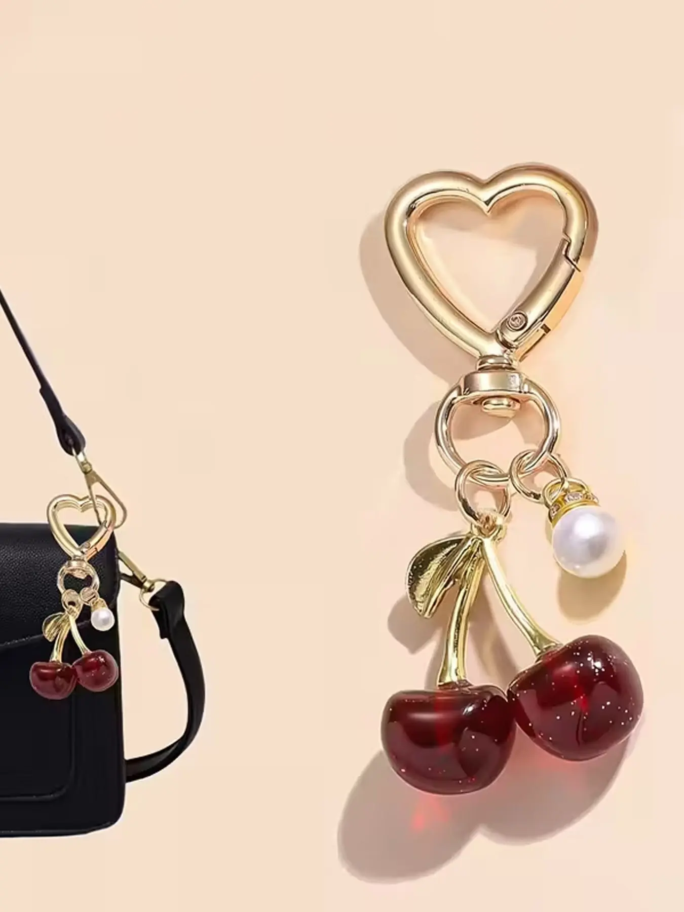 Simulated Cherry Bag Pendant - Cherry Fruit Paired With Love Buckle And Pearl Keychain, Bag Charm Keychain, Sparkling Cherry For Women's Bags And Keys, Bag Pendants, Daily Gift Surprises, Purse Accessories, Bag Keys Decoration, Purse Charms