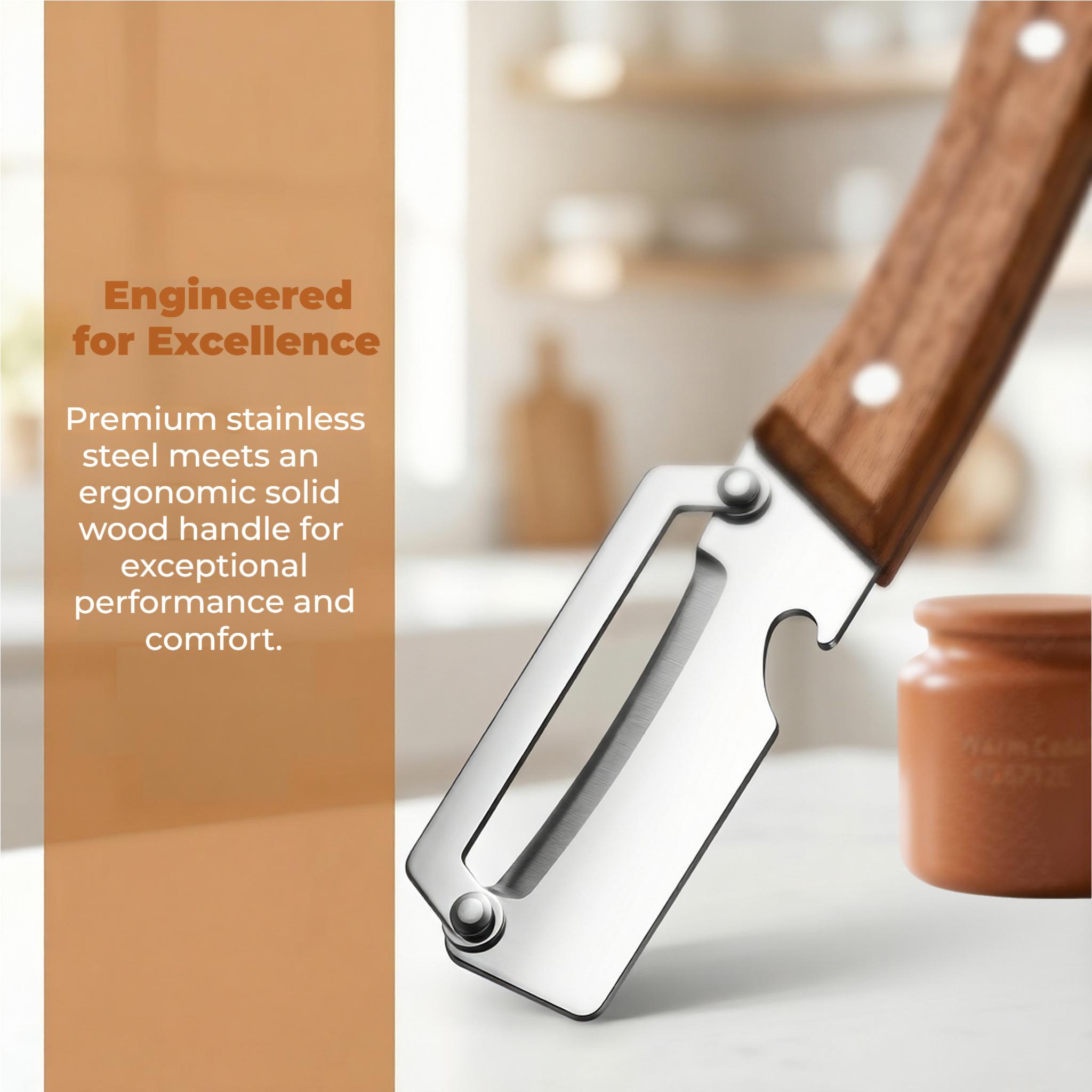 Ergonomic Wood Handle Stainless Steel Vegetable Peeler with Bottle Opener, 2-in-1 Multi-Functional，Heavy Duty for Potatoes, Apples, Pumpkins & All Fruits and Veggies， Your Effortless Kitchen Helper, the Perfect Tool for Fast, Hassle-Free Prep-YYA