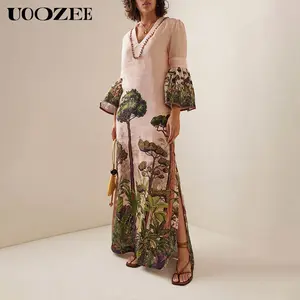 Flared Sleeves Loose Leaves Print V-Neck Maxi Dresses