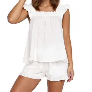 Women Summer Pajama Set Solid Flying Sleeve Tank Tops and Ruffle Shorts 2 Piece Casual Lounge Outfit Loungewear Nightwear Womenswear Pants Pyjamas Sleeveless