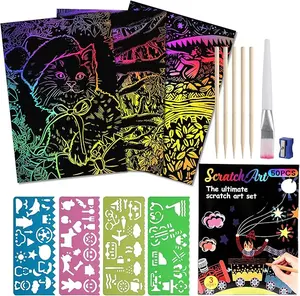 Rainbow Scratch Art Kit | 50 Sheets Non-Toxic Craft Paper | DIY Birthday/Christmas Gifts for Kids | Classroom & Holiday Party Supplies