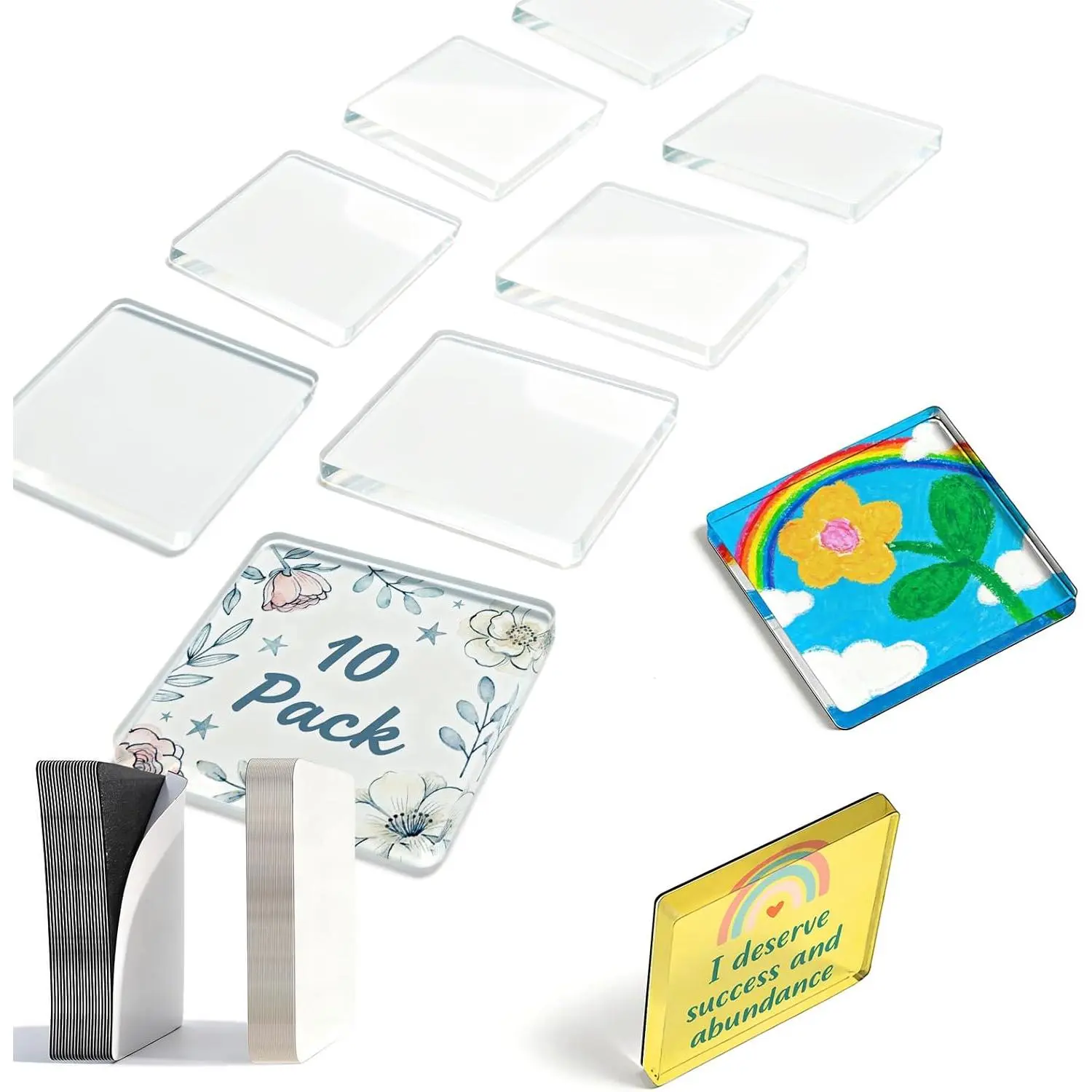 10 Pack 2"x2" Clear Acrylic DIY Fridge Magnets Set with Adhesive Backing – Square Magnetic Photo Frames for Crafts, Kitchen, Classroom, Party & Office Decoration