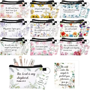 20 Pcs Christian Gifts Bulk Makeup Bags with Floral Bible Verse Cards Cosmetic Pouch for Women Religious Church Mother's Day Supplies