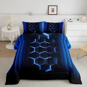 Abstract Ombre 3D Geometric Microfiber Comforter Set - Honeycomb Luxury Decorative Bedding, Blue and Black Fashion Bedroom Home Decor Quilt, Decorative Bedding Set, Microfiber Bedding Set