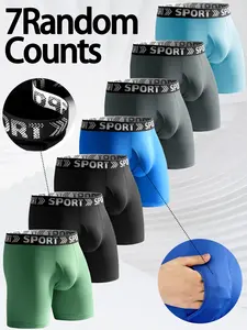 7 pcs random men's solid color daily long style boxer briefs, Underwear, Sportswear, Leisure and versatile, Soft and comfortable elastic fabric, Close fitting without restraint, Suitable for sports and fitness, outdoor travel, men's long boxer briefs.