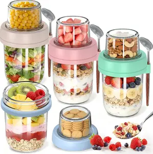 4 Pack 20 oz Glass Mason Jars with Detachable Dual Compartments Lids & Spoons for Overnight Oats Yogurt Salad Meal Prep Dry Wet Separation
