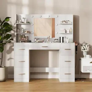 FURMAX Vanity Desk with Power Outlet & Hollywood Mirror, 7 Drawers & 6 Shelves Makeup Table FURMAX Vanity Desk with Power Outlet & Hollywood Mirror, 7 Drawers & 6 Shelves Makeup Table