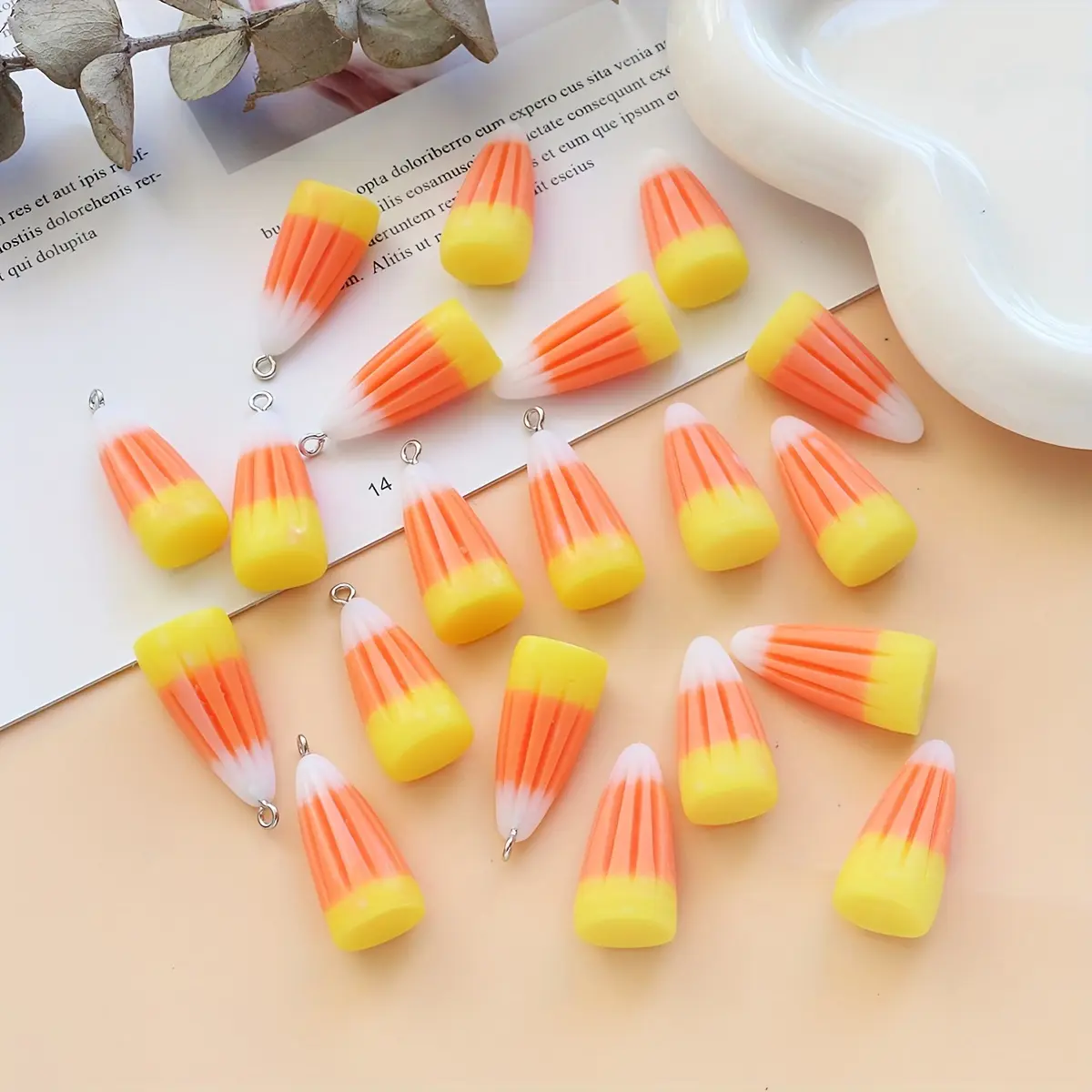 10 Halloween Candy Corn Charms, Decorative Charm - Pink, Orange, Yellow, and White - with Hanging Ring for DIY Jewelry, Party Decorations, and Halloween Crafts - Durable Resin Pendants, Keychain Decorations, Glossy Design, Smooth Texture, Festive Sty