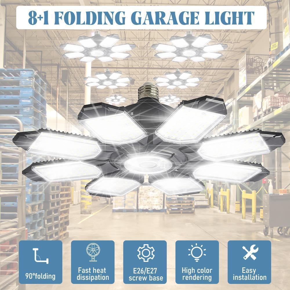 200W LED Garage Light, Deformable Ceiling Light with 8+1 Panels, 6500K, E26/E27 Screw-in Bulb, for Workshop, Storage, Warehouse, Attic