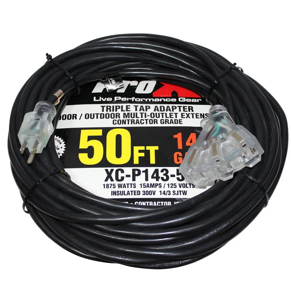 ProX XC-P143-50 50' 14AWG 110V to 110V Female Triple Tap Adapter Power Extension Cord