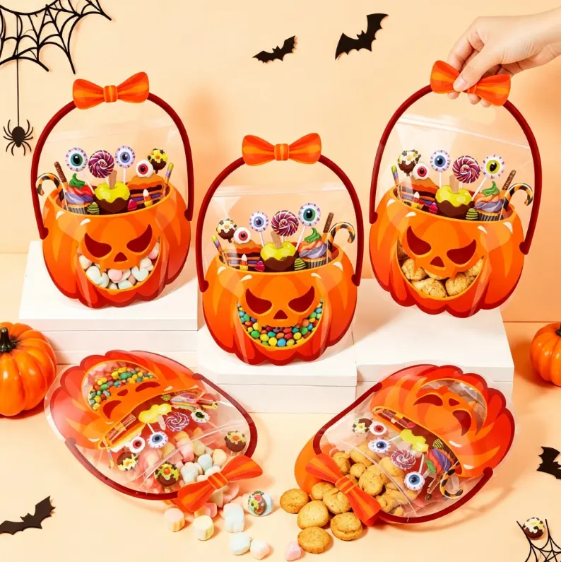 12/25 Pcs Halloween Plastic Candy Gift Bags Pumpkin Cauldron Ghost Pattern Goodie Bags With Handle, Transparent Trick‑or‑Treat Party Favor Bags for Students, Coworkers, Birthday Supplies