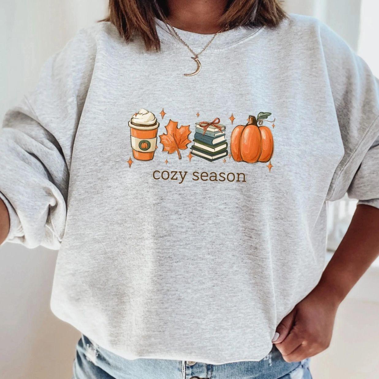 Cozy Season Sweatshirt, Fall Pumpkin Book Lover Crewneck, Autumn Latte Leaf Sweater, Pumpkin Spice Graphic Sweatshirt, Trending Halloween Graphic Sweatshirt, Comfortable Menswear & Womenswear Top, Perfect Gift For Men And Women, Aug6