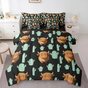 Highland Cow Bed in A Bag 7 Piece Western Cow Cactus Comforter Set,Cattle Wildlife Tropical Bedding Set,for Kids Girls Rustic Southwest Farmhouse Sheet Set with Comforter
