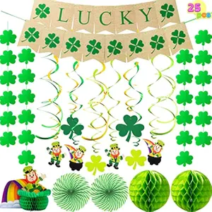25 Pcs St. Patricks Day Decorations, 7FT Luck Shamrock Banner, Hanging Swirl, Paper Fan,Tissue Honeycomb ball, Leprechaun Tissue, Shamrock Ornament for Party Favors Accessories
