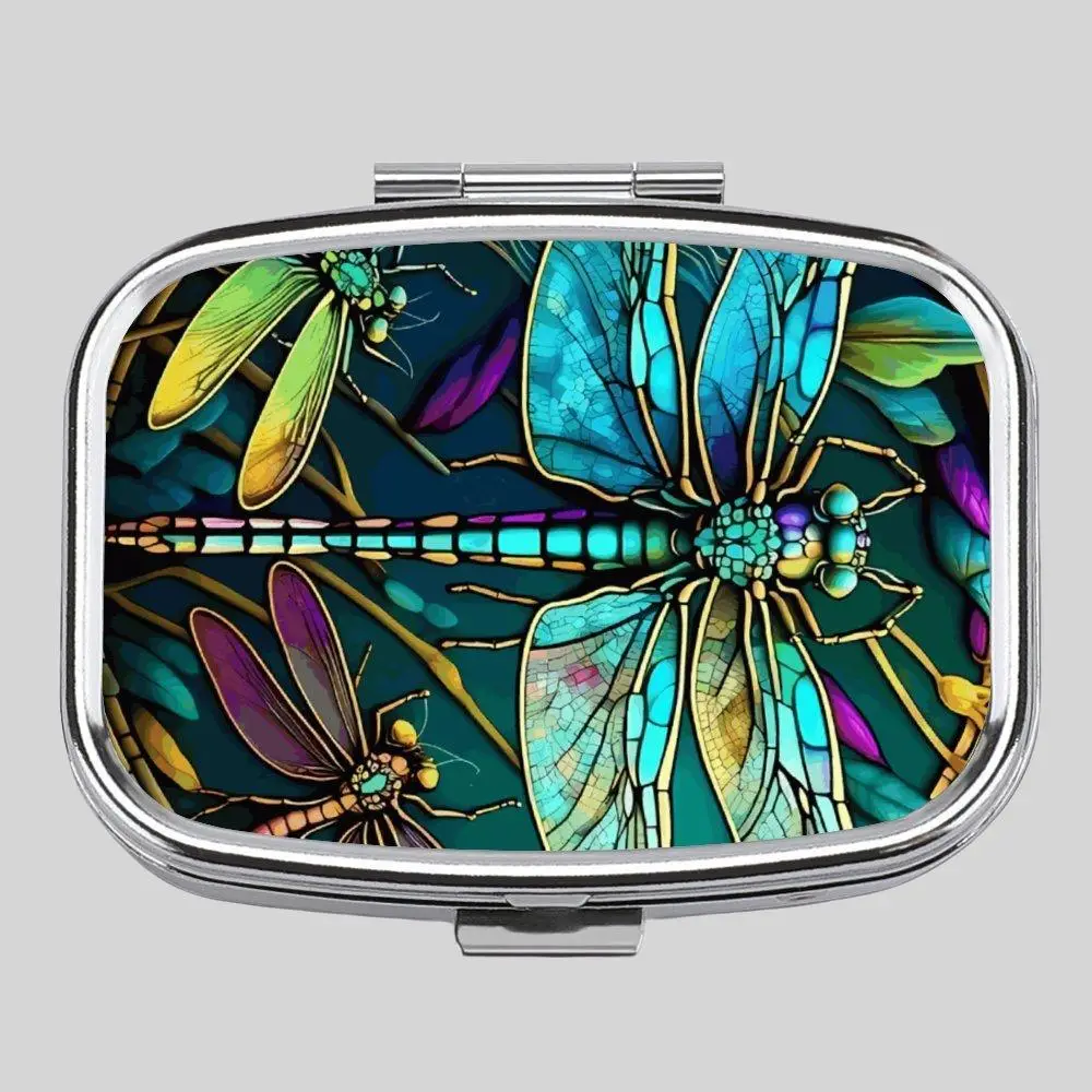 Dragonfly Pattern Pill Box, 1 Count 2 Grid Portable Medicine Storage Box, Medicine Case, Home Organizer for Kitchen, Bedroom, Travel