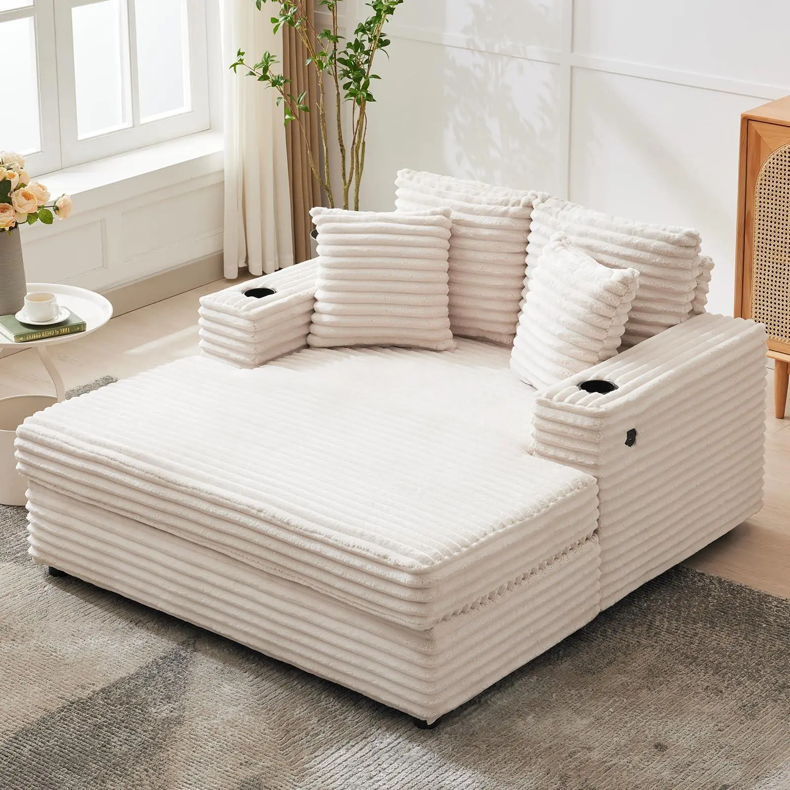 60-inch Beige Corduroy Large Size Adult Indoor Chaise Lounge Chair (54in x 60in x 33in) - Modern Foam Furniture with USB & Type-C Ports, Cup Holders, Throw Pillows, Charging Station - Assembly Required Easy Setup Cozy Sleeper for Living Room, Bedroom
