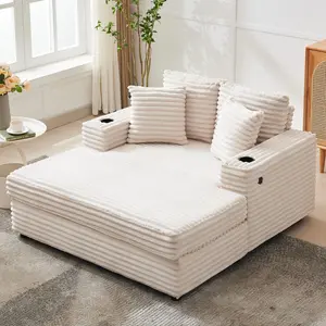 60-inch Beige Oversized Adult Chaise Lounge Chair Indoor - 54 in x 60 in x 33 in Modern Foam Furniture with Charging Station, Cup Holders, Throw Pillows - Cozy Sleeper for Living Room, Bedroom Apartments