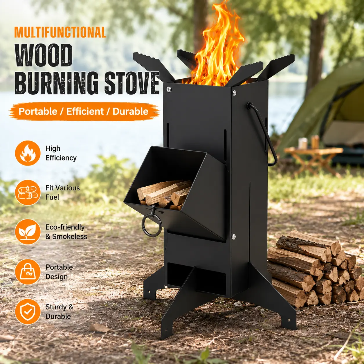 Portable Rocket Stove with Handle for Camping, Heavy Duty Wood Burning Stove for Outdoor Cooking, High Efficiency Cookout Stove for Cast Iron Pot