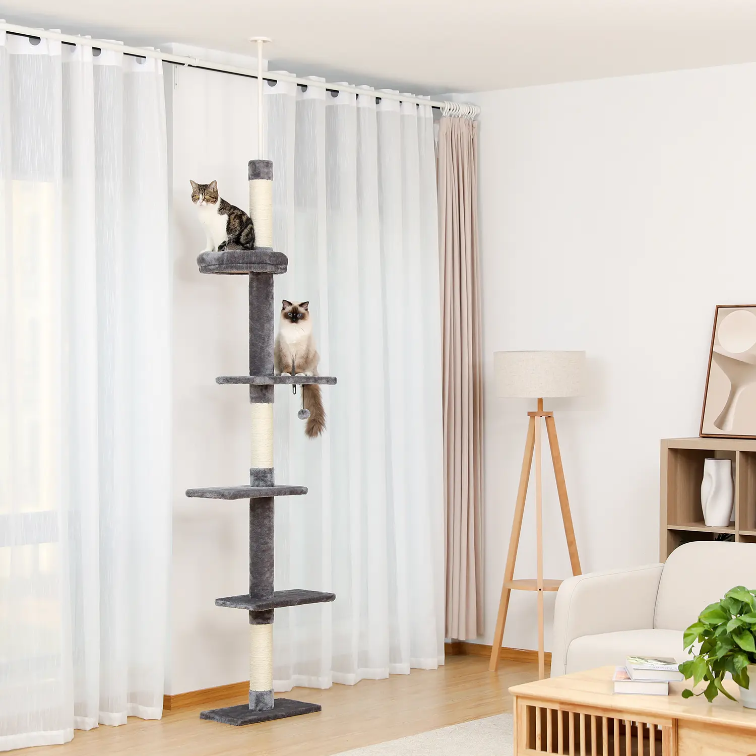 PAWZ Road Cat Tower 5-Tier Floor to Ceiling Cat Tree Height(95-107 Inches) Adjustable, Tall, Climbing Tree Featuring with Scratching Post, Cozy Bed,Interactive Ball Toy for Indoor Cats/Kitten#DealsForYouDays