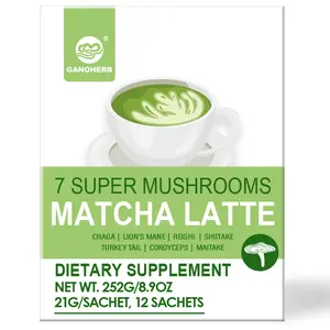Ganoherb Mushroom Matcha Powder Latte Mix, 7.4 Ounce, 7 Superfood Mushrooms with 25% Beta-Glucans, Lions Mane, Reishi, Chaga, Coconut Powder, Ceremonial Grade Matcha Tea summervibes