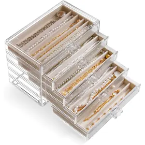 Necklace Holder Organizer,  Necklace Box  Necklace Organizer Box with Lid Clear   Stackable  Displays for Necklaces Chain Display (Beige, 5 Drawer)