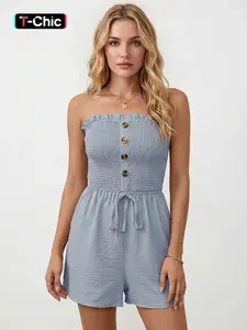 Women's Casual Lettuce Trim Partial Button Decor Lightweight Playsuit, Tie Front On Point Jumpsuit, Minimalist Off Shoulder Ruched Sleeveless Womenswear, Sport & Outdoor Clothing
