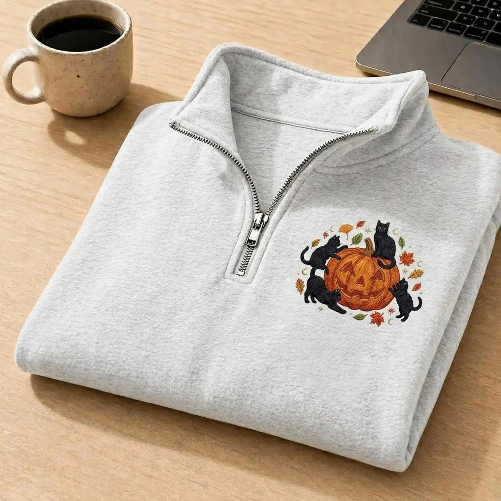 [MADE IN US] Embroidered Halloween Black Cat Quarter Zip, Pumpkin Fall Sweater, Halloween Crewneck, Cute Autumn Spooky Season, Cat Lover Gift
