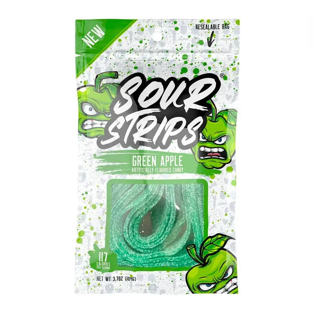 Tangy Chewy Natural Green Apple Sour Strips Candies, 3.4oz Snack