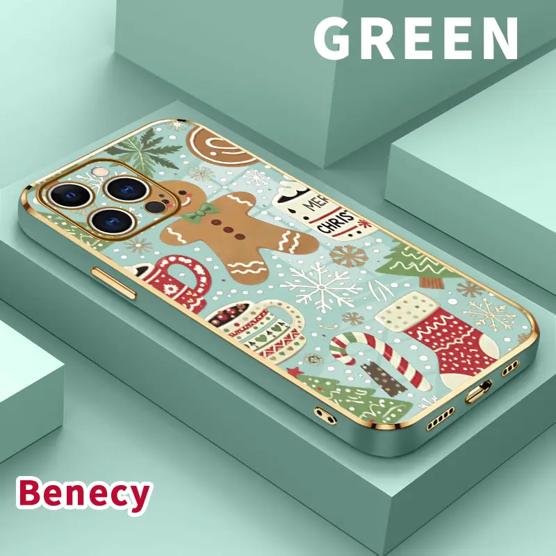 Electroplating Smartphone Case for iPhone 11,12,13,14 Plus,15 Pro Max,16,X,XS Max,XR - Gingerbread Christmas Pattern, Classic Square Design, Non-Slip TPU Soft Shell for Handheld Cellphone Devices Protection, Casing, Cover