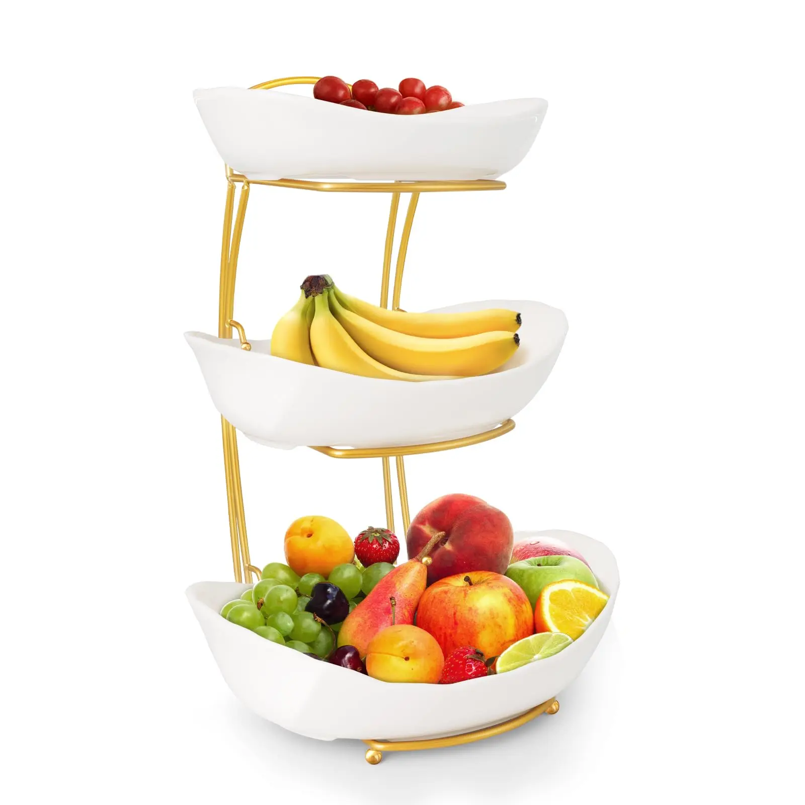 3 Tier Fruit For Kitchen Counter  White Ceramic Serving With Metal Stand Tiered Basket Display Rack Fruits Vegetable Snack Nuts Cake Dessert Storage