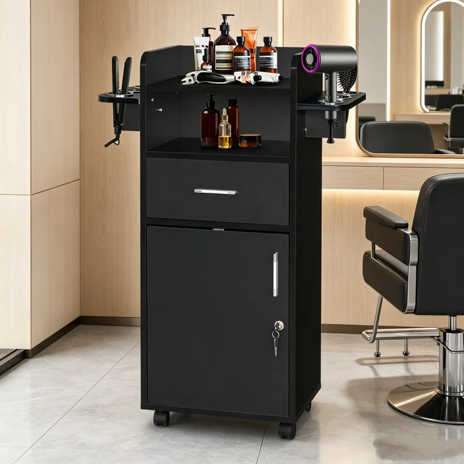 Professional Rolling Salon Cart - Beauty Trolley with 360° Wheels, 6 Tool Holders, and Lockable Storage, Deals for You Days