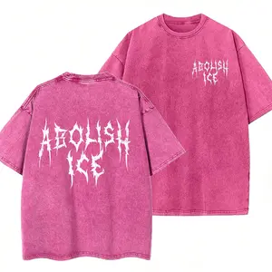 Women's Short-Sleeve Washed Cotton Fabric T-Shirt - Unisex Soft Breathable Streetwear, Retro Bold ABOLISH ICE Anti-MAGA FCK ICE Immigration Human Rights Tee