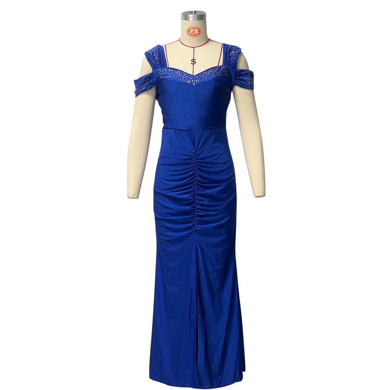 Women's elegant hot diamond off-shoulder slim high waist hip-wrapped slit dress  valentine's day outfit