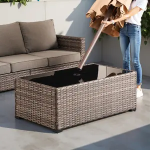 Patio Table with Umbrella Hole, Wicker Rattan Bistro Dining Side Table with Metal Frame, Square Umbrella Stand Holder for Poolside Backyard Garden Deck, Outdoor Side Table