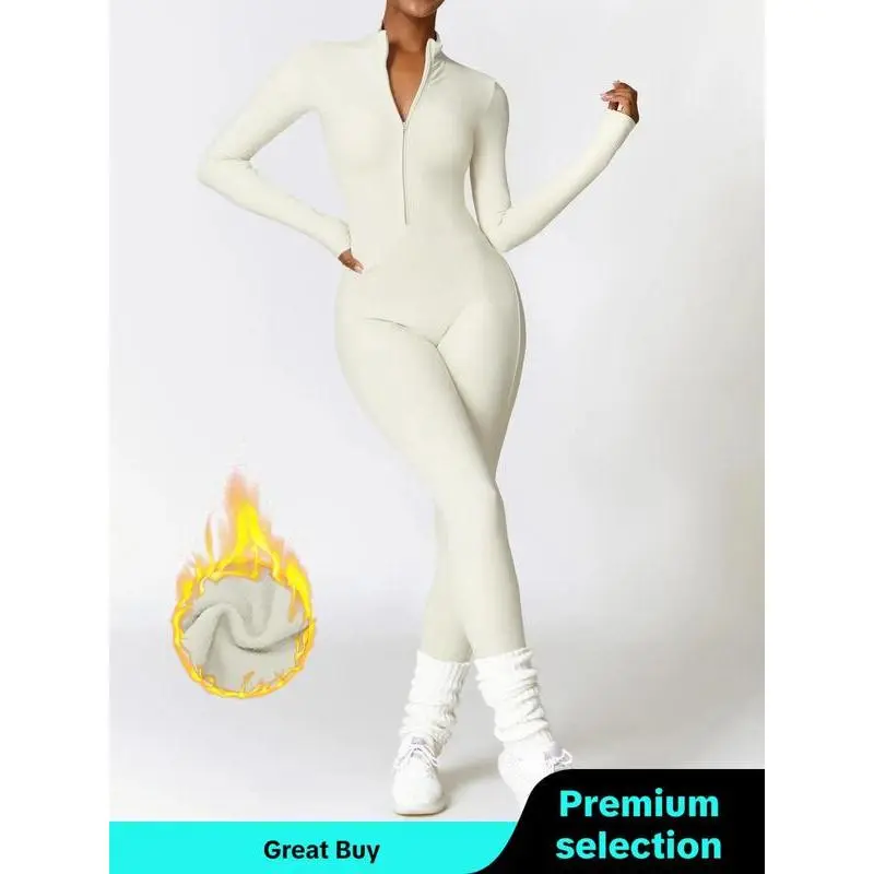 Women's Solid Zip Up Skiing Jumpsuit, Casual Sporty Long Sleeve Jump Suit for Skiing Cycling, Jumpsuit for Women, Ladies Athletic Sportswear for Fall & Winter 90s Clothes