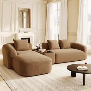 ReleFree Modular Sectional Sofa 136'' Curved Chenille Brown with Adjustable Coffee Table 3 Pillows Spring Support High-Resilience Foam L Shaped for Living Room Left Facing Chaise