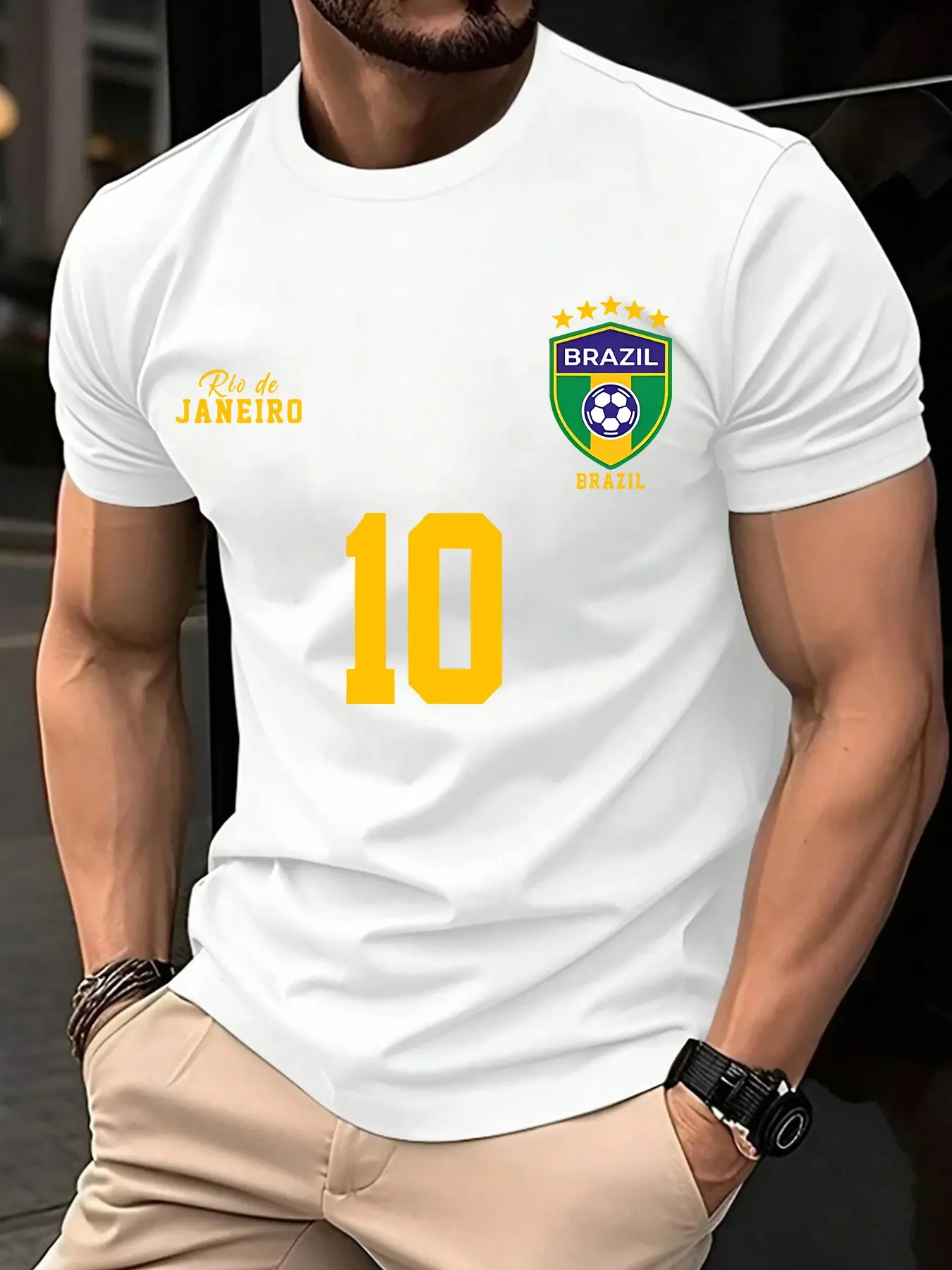 Men's Brazil #10 Soccer Jersey T-Shirt, 2026 Summer Retro Football Fan Tee, Football Shirts, Neymar Style, Trendy Print, Casual Fitted Short Sleeve Top, Football Apparel