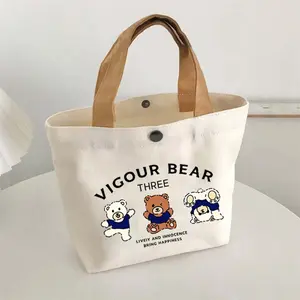 Cute Bear Canvas Bag, Small Handbag for Women Students, Portable Lunch Box Bag, Cute Bento Bag, Durable Lunch Bag, Gift Bag, Ideal for Work & School Use, Reusable Lunch Bag
