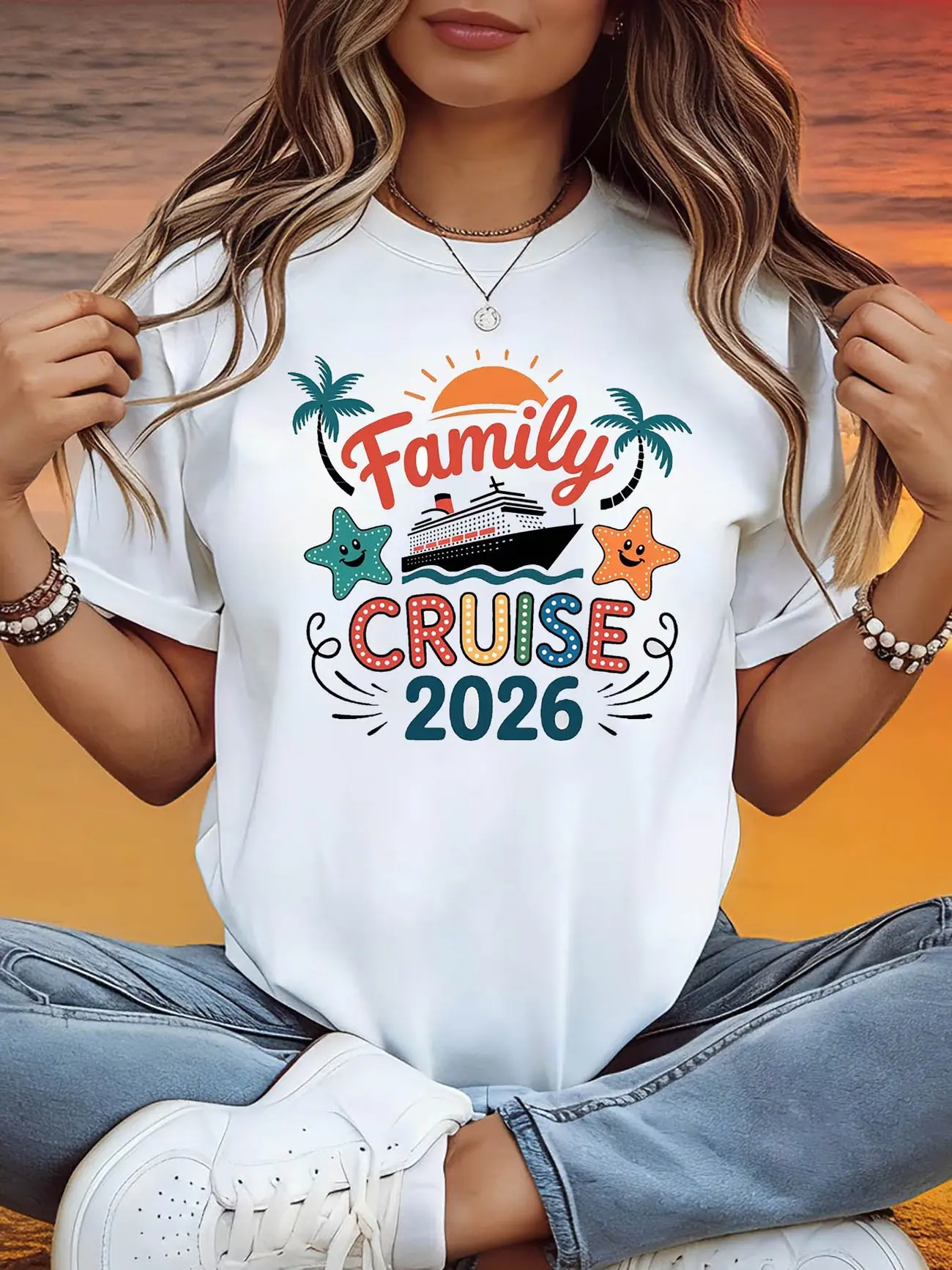 Women'S 2026 Family Cruise Theme T-Shirt - Cruise Ship Starfish Palm Tree Slogan Decor Casual Short Sleeve, Colorful Orange-Blue Warm Vacation Family Cruise Travel Top