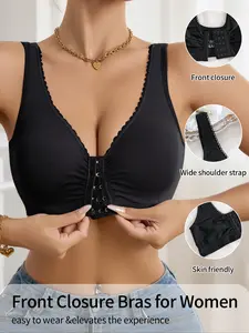 Comfortable Fashion Women's Plain Ruched Design No Underwire Front Buckle Closure Bra, Casual Fitted Full Coverage Unlined Tank Top Straps