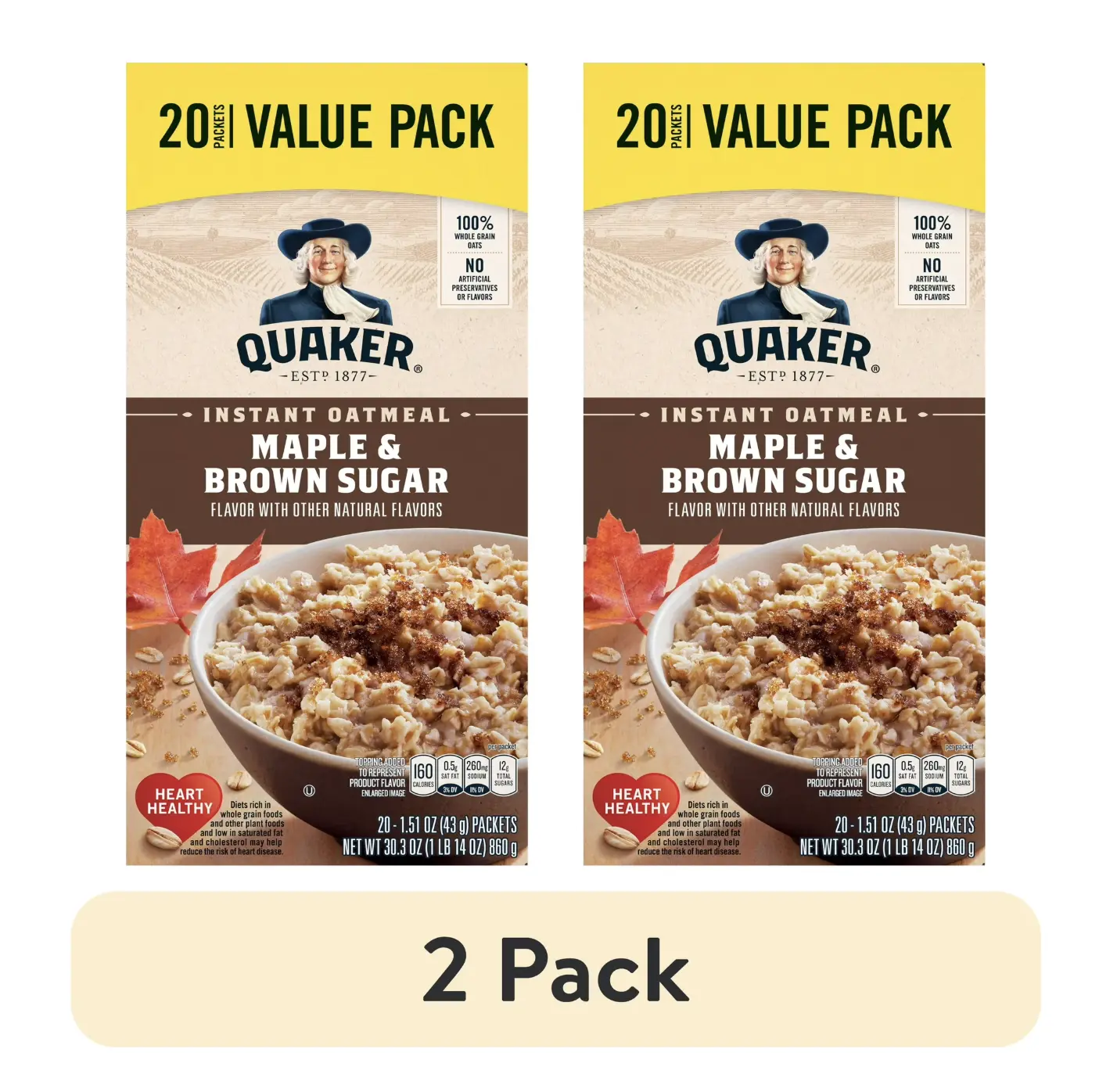 2 Pack Quaker Maple & Brown Sugar Flavor Instant Oatmeal, 1.51 oz 20 Packets Food
