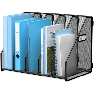 Desk File Organizer Metal Desk Magazine Folder Holder with 5 Vertical Compartments Rack File Organizer for Office, Home, School, Black